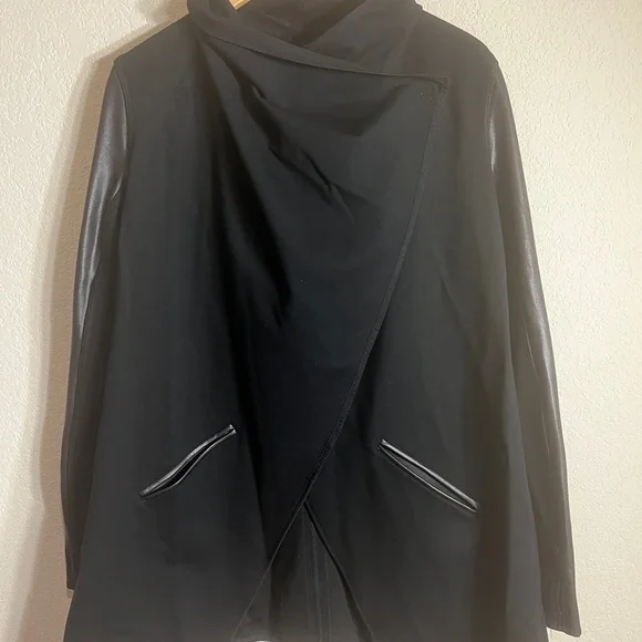 SPANX Black Faux Leather Drape Front Convertible Ponte Jacket SZ S